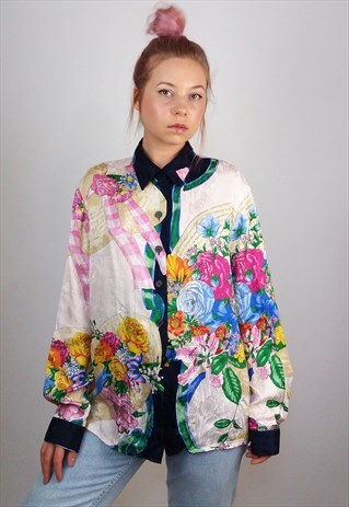 VINTAGE 80'S SCARF PRINT BUTTON-UP SHIRT / BLOUSE