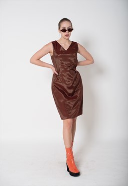 Vintage 90s Classic V-neck Sleeveless Brown Midi Dress M