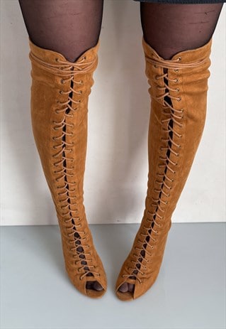 VINTAGE Y2K LACE UP OPEN TOE THIGH-HIGH BOOTS IN CARAMEL
