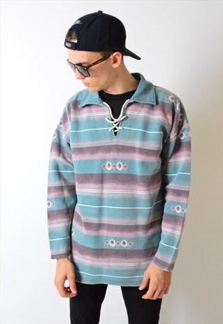 VINTAGE 90S PASTEL STRIPED AZTEC THICK LONG SLEEVE SHIRT