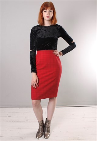 VINTAGE 80S RED CHECK BUTTON DETAIL PENCIL SKIRT
