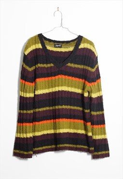 90s Grunge Y2k Vintage Striped Nirvara V-neck Knitted Jumper