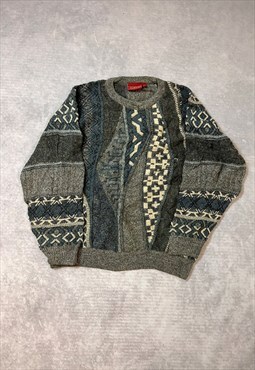 Vintage Abstract Knitted Jumper 3D Patterned Grandad Sweater