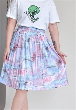 Vintage 80s High Waist Midi Pleated Watercolour Skirt M