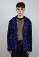 SEQUIN BIKER JACKET BLUE GLITTER BOMBER SPARKLE EMBELLISHED 