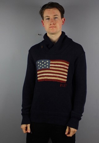 VINTAGE RALPH LAUREN KNIT SWEATSHIRT IN NAVY WITH USA EMBROI