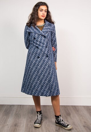 70'S VINTAGE BLUE PATTERNED TRENCH STYLE COAT