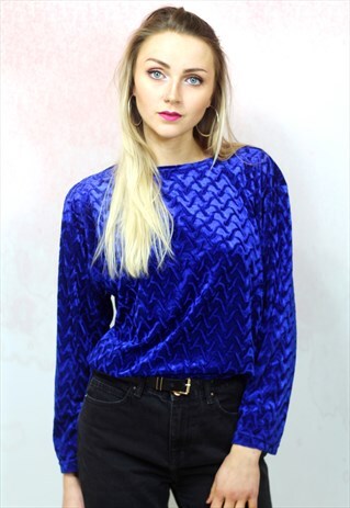 1990S VINTAGE BLUE TEXTURED VELVETEEN LONG SLEEVE TOP