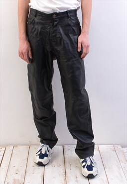 Vintage Men's W38 L34 Real Genuine Leather Pants Trousers Bl