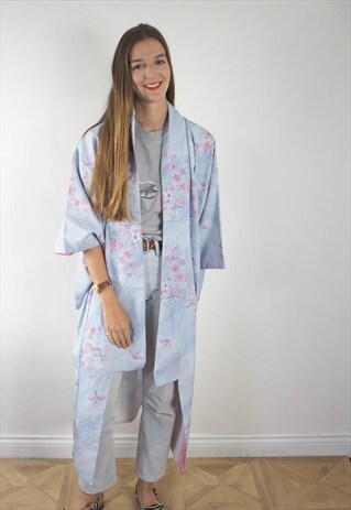 VINTAGE BLUE AND PINK FLORAL KIMONO