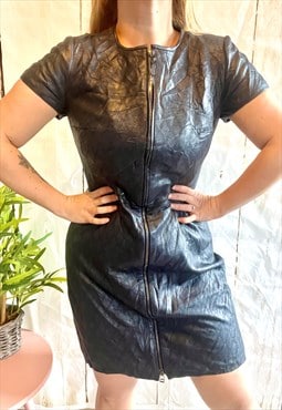 Vintage Black Leather Style Zip Up Y2K Mini Dress