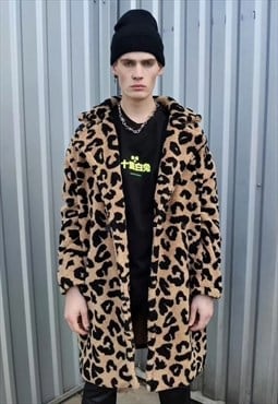 Leopard fleece coat Animal print jacket faux fur Mac brown