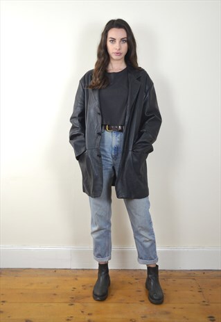 80S VINTAGE BLACK LEATHER BUTTON UP OVERSIZED JACKET