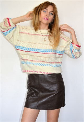 VINTAGE CREAM BLUE & PINK STRIPE KNITTED JUMPER