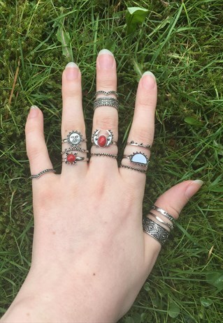 WOMENS BOHO FESTIVAL AZTEC SILVER COLOUR SET OF RINGS