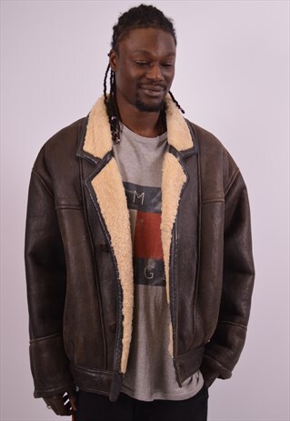 MENS VINTAGE SHEARLING JACKET LARGE BROWN 90S
