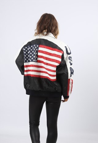 LEATHER BOMBER JACKET USA FLAG MICHAEL HOBAN UK 16 (LH3C)