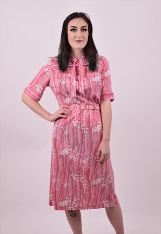 VINTAGE 70'S PINK & WHITE CRAZY PRINT DRESS SIZE 10 12 14