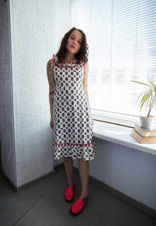VINTAGE 70'S CREAM/WHITE PATTERNED MIDI DRESS