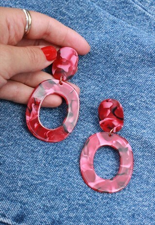 STATEMENT OVERSIZED RED ACRYLIC DANGLE HOOPS EARRINGS