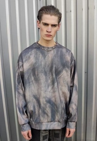 LOOSE GRADIENT VELVET FEEL SWEATSHIRT TIE-DYE JUMPER GREY