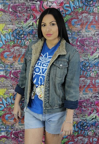 DARK BLUE VINTAGE SHERPA FLEECE LINED DENIM JACKET. UNISEX.