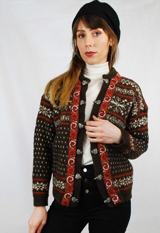 VINTAGE 80S HANDKNITTED ICELANDIC NORWEIGAN WOOL CARDIGAN
