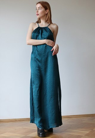 VINTAGE OVERSIZE SILKY SLIP MAXI DRESS IN TURQUOISE