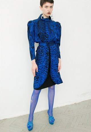 VINTAGE SNAKE PRINT MIDI DRESS LONG SLEEVE ROMANTIC BELTED
