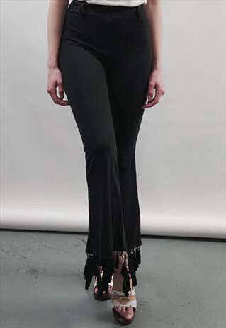 VINTAGE 90'S BLACK FLARED TASSEL HEM TROUSERS