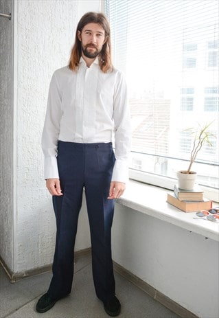 Vintage 80's Blue Wool Unique Design Trousers