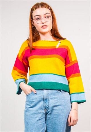 VINTAGE 90'S RAINBOW STRIPED PRINT KNIT FLARED SLEEVE JUMPER