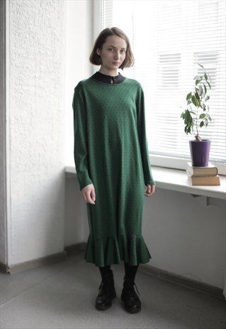 VINTAGE 60'S GREEN MIDI POLKA DOT HIGH COLLAR DRESS
