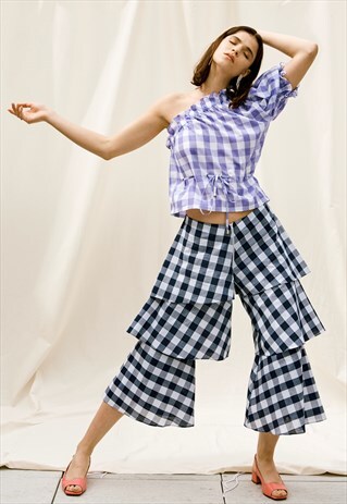 PURPLE AND WHITE GINGHAM ONE SHOULDER TOP