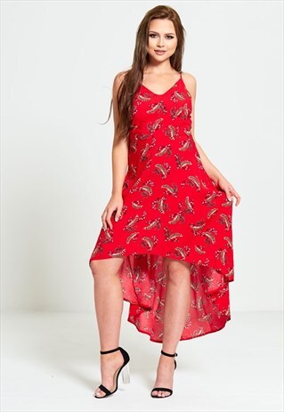 RED PAISLEY PRINT DIP HEM DRESS