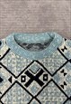 VINTAGE KNITTED JUMPER ABSTRACT PATTERNED GRANDAD SWEATER