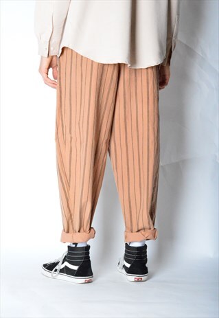 VINTAGE 80S PEACH BROWN STRIPED LINEN BLEND PANTS