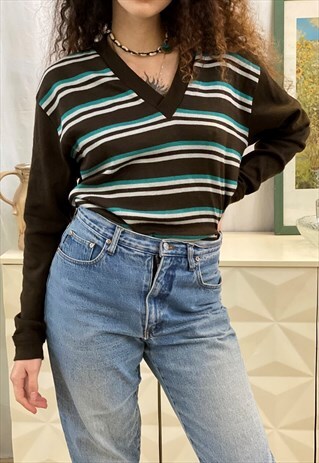 VINTAGE 60S MOD STRIPED KNIT JUMPER SWEATER PULLOVER