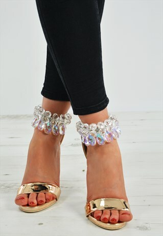 GOLD DIAMANTE RHINESTONE STILETTO ANKLE STRAP SANDALS SHOES