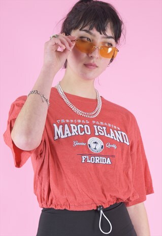 VINTAGE REWORKED CROP TOP IN RED WITH MARCO ISLAND PRINT