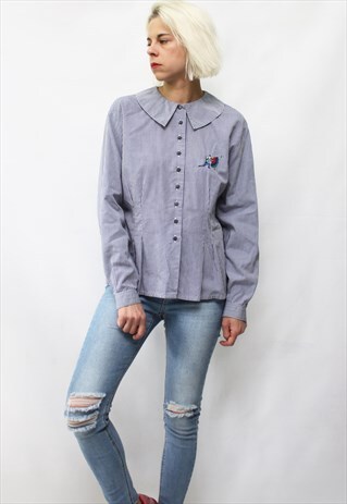 VINTAGE 80' BEAUTIFUL CUTE NAVY BLUE CHECKED SHIRT