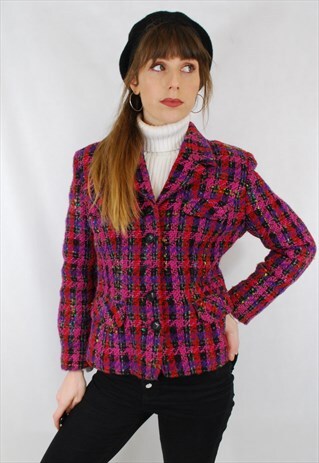 VINTAGE 80S PINK & PURPLE TARTAN TWEED BLAZER JACKET