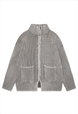 Utility zip up sweater grunge striped knitted cardigan cream