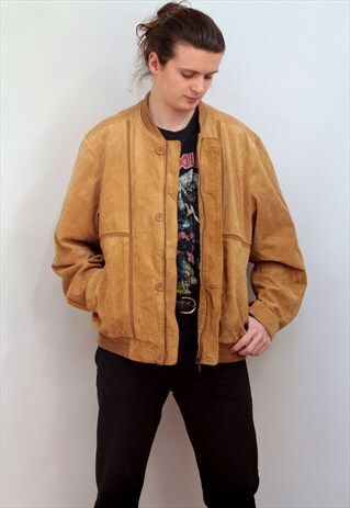 1990'S VINTAGE SUEDE BOMBER JACKET IN TAN