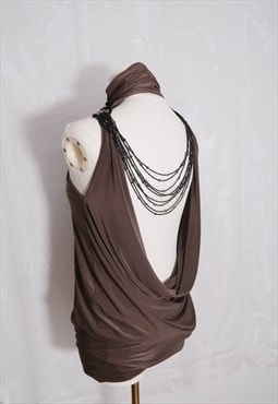 vintage y2k party Backless Dress with Beaded Necklace