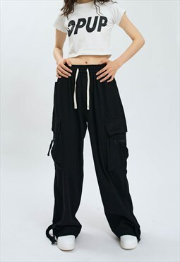Parachute joggers long lace pants skate trousers in black