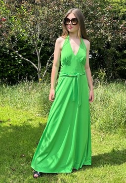 70's Vintage Ladies Green Halter Neck Grecian Style Maxi