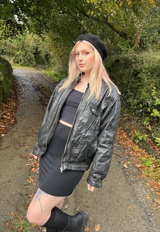 VINTAGE 90S Y2K GENUINE LEATHER BLACK BIKER BOMBER JACKET
