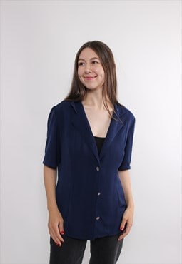 90s deep blue revere shirt, vintage minimalist button front 