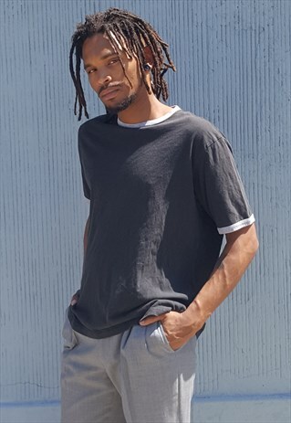 90S MINIMALIST SKATER FADED BLACK RINGER TEE MEDIUM